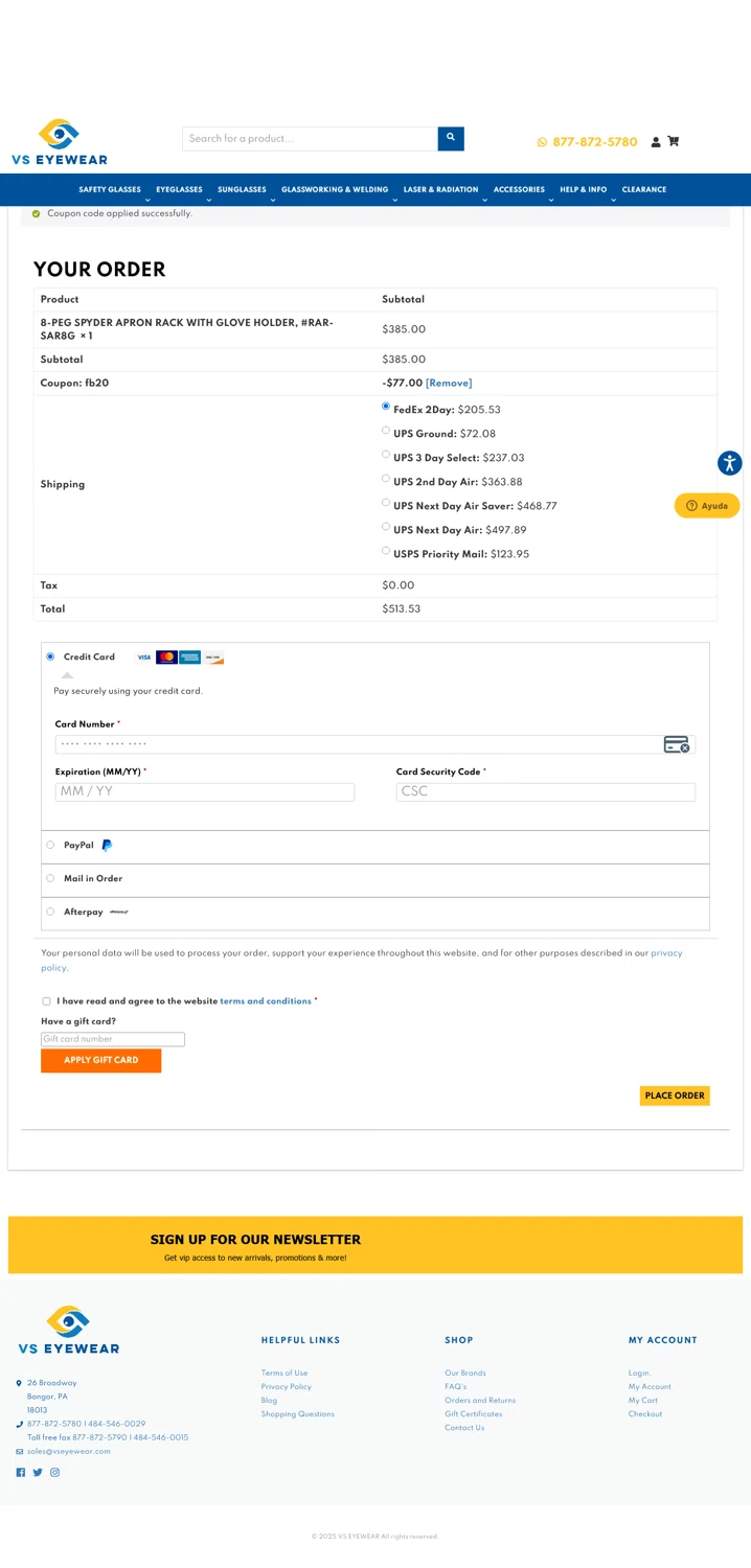 VS Eyewear discount code screenshot showing code FB20 applied at VS Eyewear checkout page. Uploaded by SimplyCodes community member WladimirV on May 27, 2025