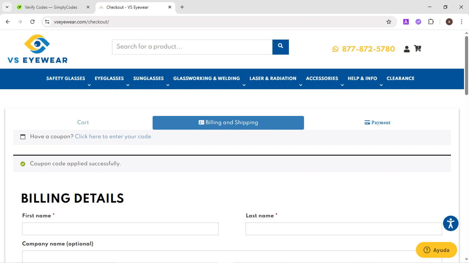VS Eyewear discount code screenshot showing code VSD20 applied at VS Eyewear checkout page. Uploaded by SimplyCodes community member CodeMaverick246 on Jun 24, 2025