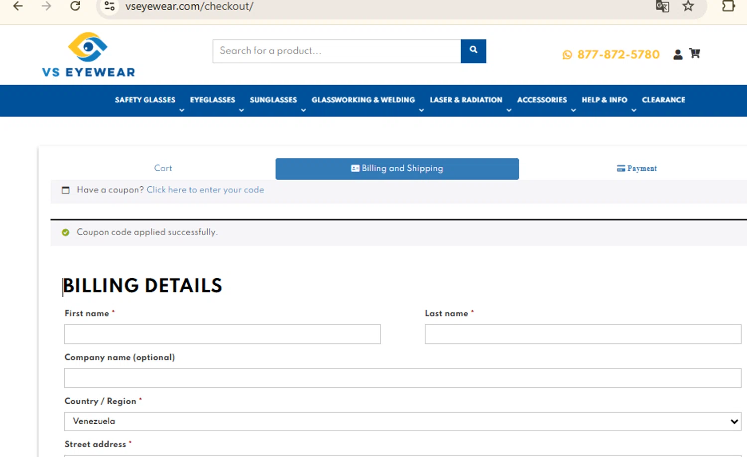 VS Eyewear discount code screenshot showing code WELCOMEVS applied at VS Eyewear checkout page. Uploaded by SimplyCodes community member RewardFinder4836 on May 27, 2025