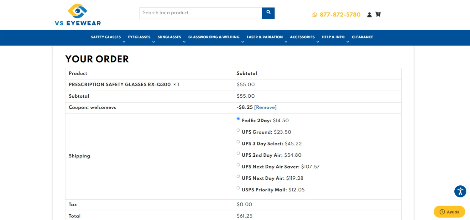VS Eyewear discount code screenshot showing code WELCOMEVS applied at VS Eyewear checkout page. Uploaded by SimplyCodes community member VoucherVirtuoso2520 on Mar 30, 2025