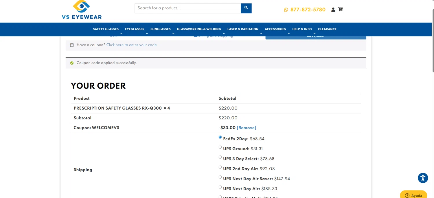 VS Eyewear discount code screenshot showing code WELCOMEVS applied at VS Eyewear checkout page. Uploaded by SimplyCodes community member ingric on Dec 13, 2025