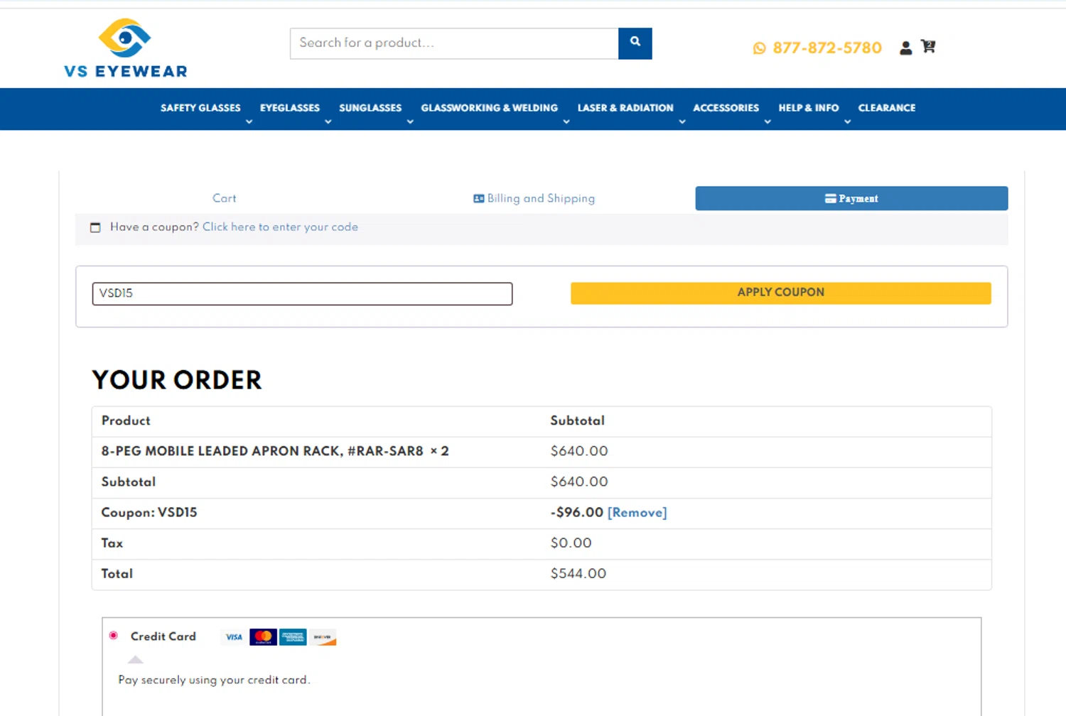 VS Eyewear discount code screenshot showing code VSD15 applied at VS Eyewear checkout page. Uploaded by SimplyCodes community member danielgonzalez5 on Jul 24, 2025