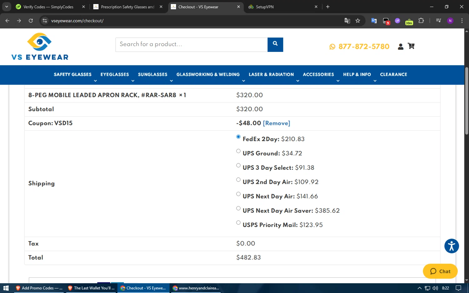 VS Eyewear discount code screenshot showing code VSD15 applied at VS Eyewear checkout page. Uploaded by SimplyCodes community member usuario500 on Jul 24, 2025