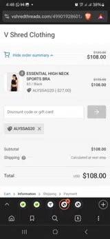 V Shred Fitness coupon verification screenshot