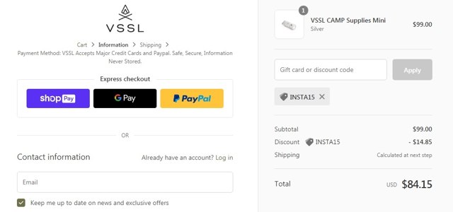 VSSL checkout page showing VSSL discount code box | Screenshot taken by SimplyCodes community member on Apr 1, 2021