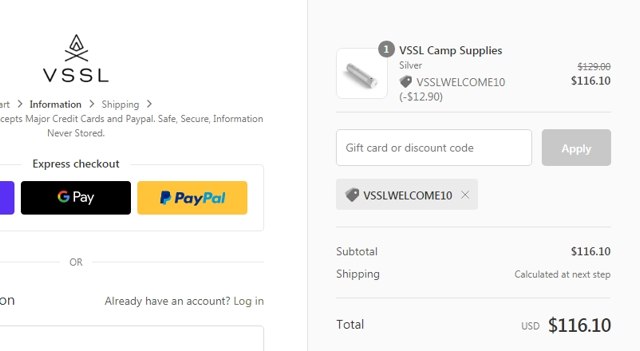 VSSL checkout page showing VSSL discount code box | Screenshot taken by SimplyCodes community member on Oct 29, 2020