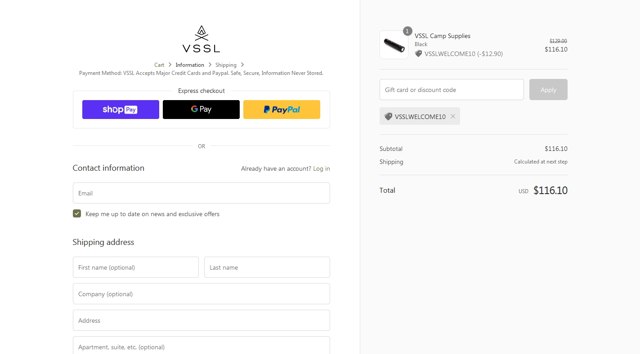 VSSL checkout page showing VSSL discount code box | Screenshot taken by SimplyCodes community member on Jan 23, 2021
