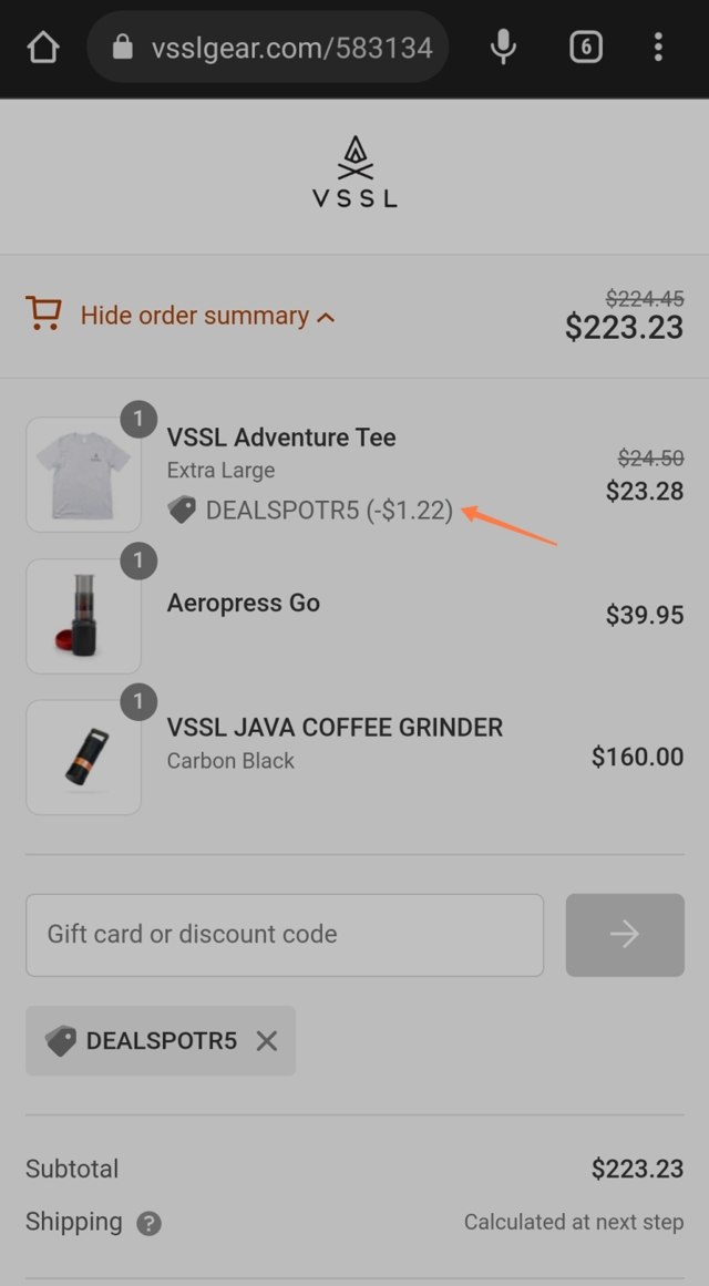 VSSL checkout page showing VSSL discount code box | Screenshot taken by SimplyCodes community member on May 23, 2022