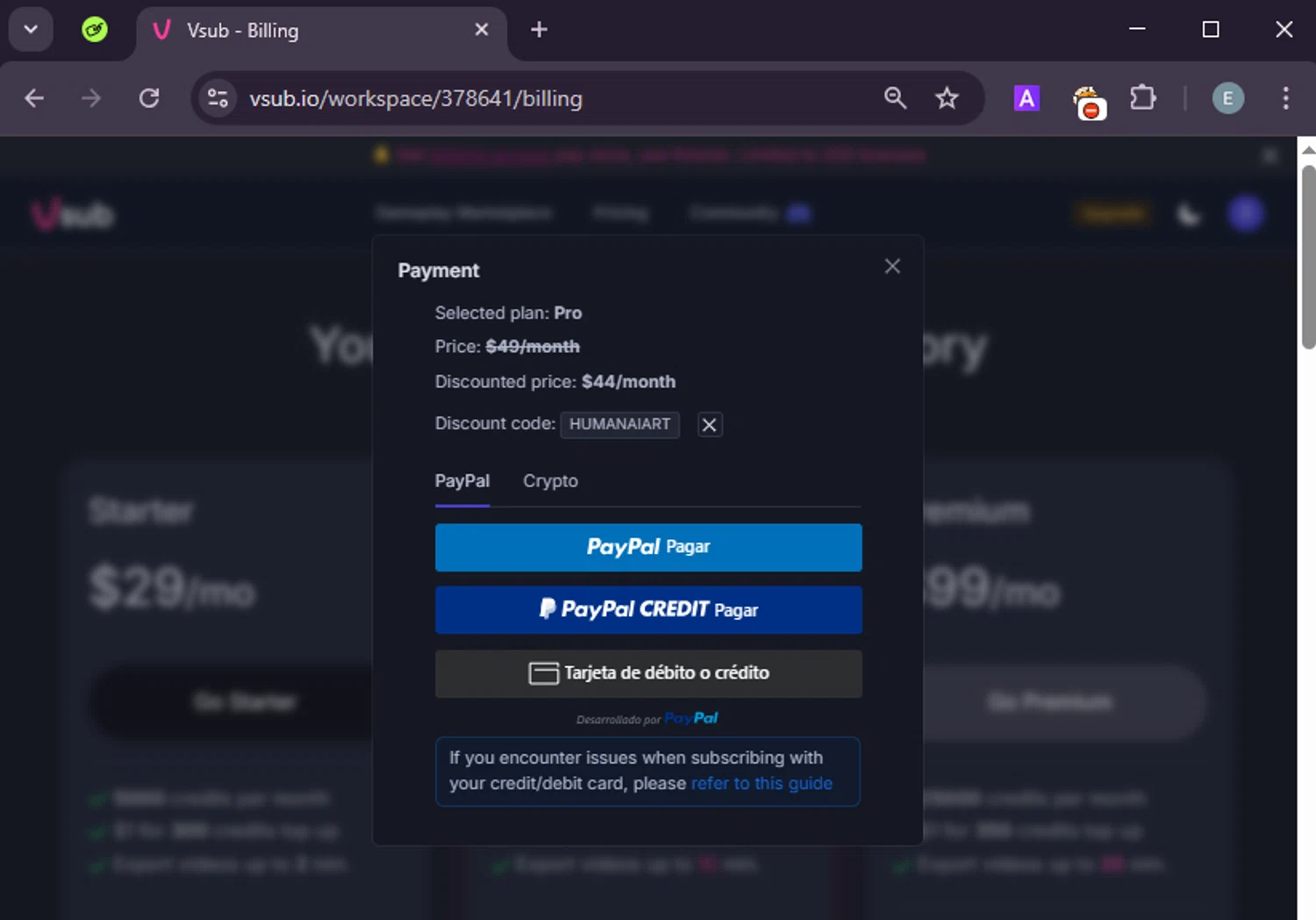 Vsub discount code screenshot showing code HUMANAIART applied at Vsub checkout page. Uploaded by SimplyCodes community member LuckyExpert7689 on Apr 4, 2025