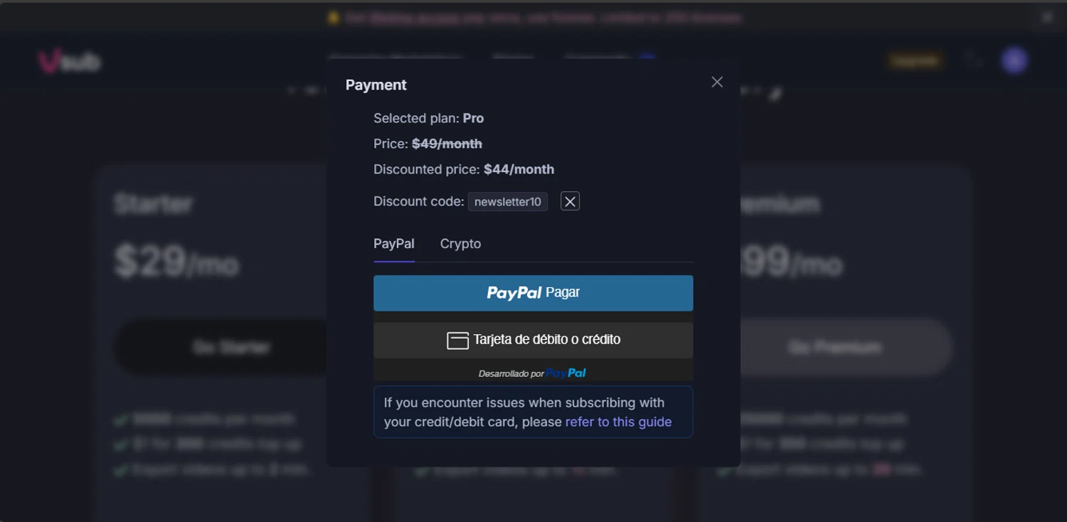 Vsub discount code screenshot showing code newsletter10 applied at Vsub checkout page. Uploaded by SimplyCodes community member jupitera on Mar 17, 2025