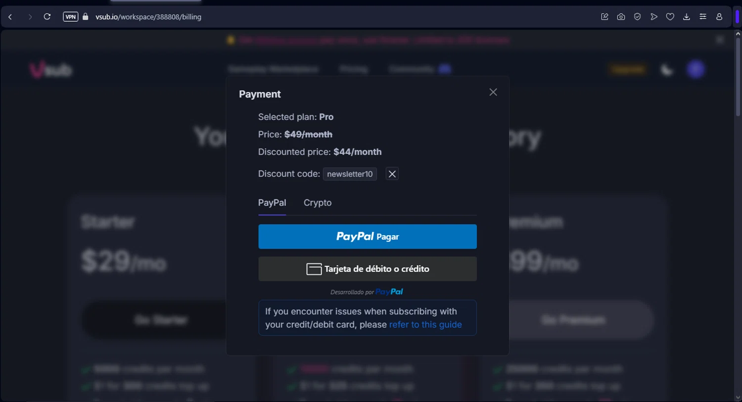 Vsub discount code screenshot showing code newsletter10 applied at Vsub checkout page. Uploaded by SimplyCodes community member LegendaryTitan9160 on Apr 15, 2025