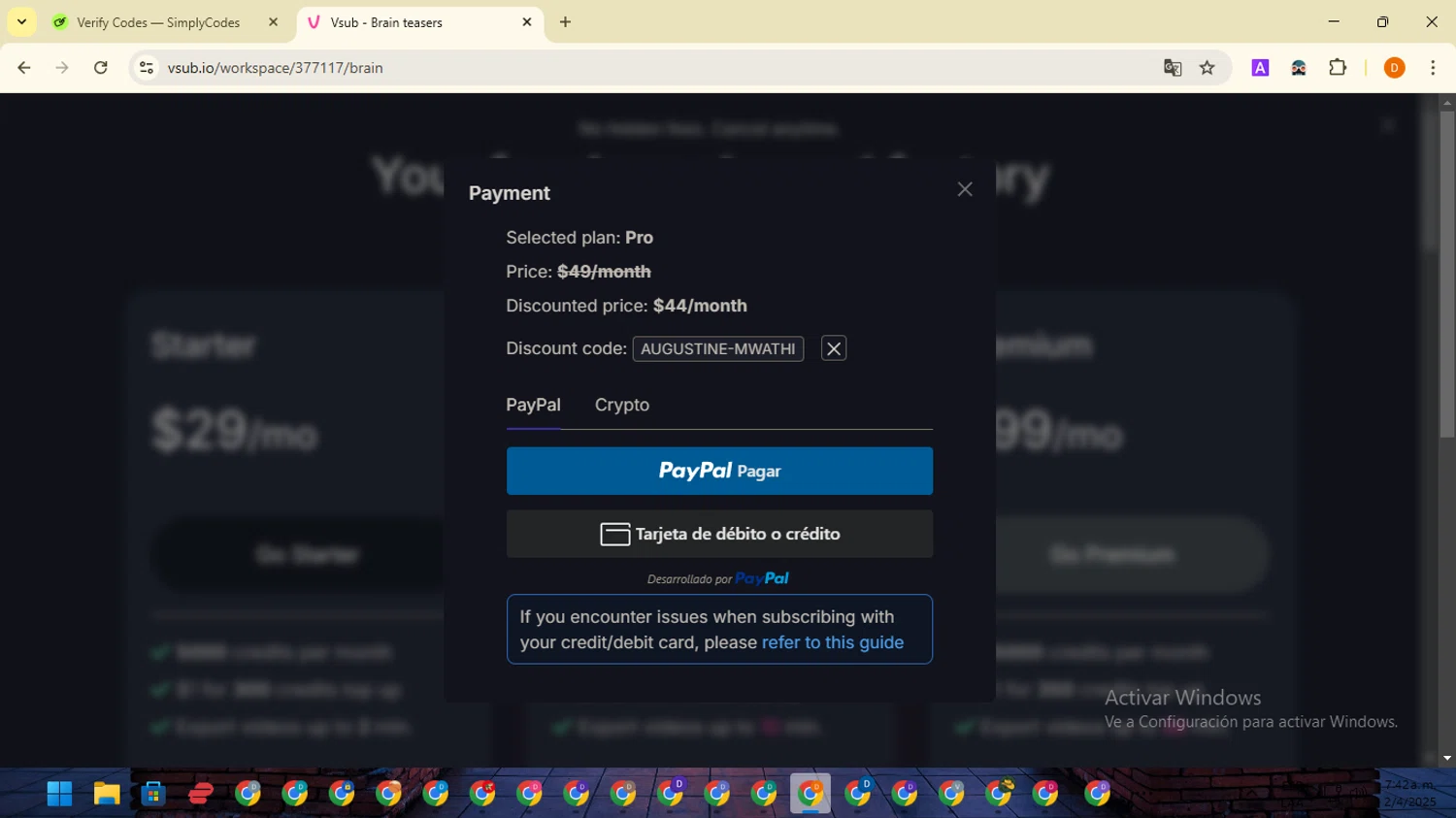 Vsub discount code screenshot showing code AUGUSTINE-MWATHI applied at Vsub checkout page. Uploaded by SimplyCodes community member SavingsMaverick3203 on Apr 2, 2025