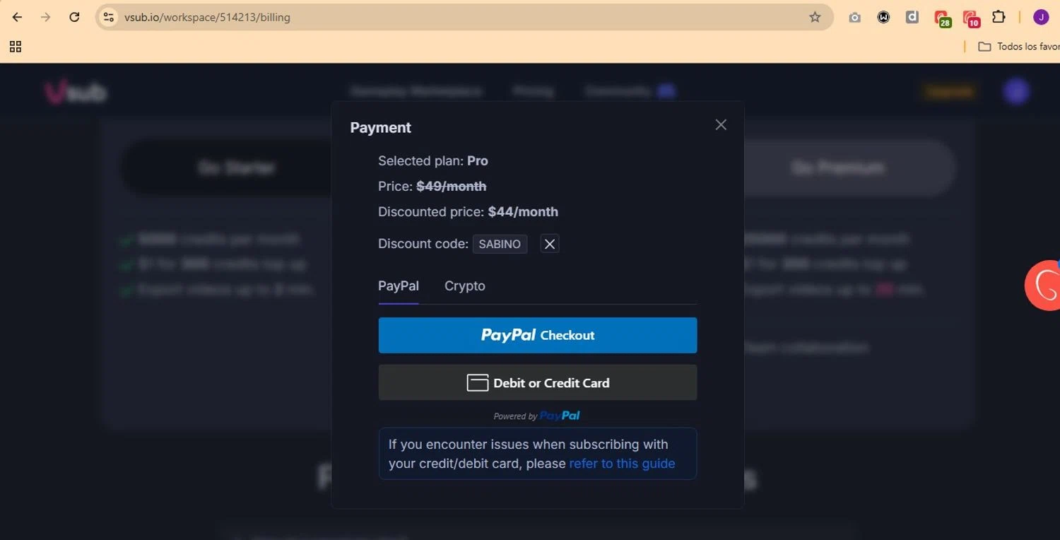 Vsub discount code screenshot showing code SABINO applied at Vsub checkout page. Uploaded by SimplyCodes community member Elcompa on Nov 30, 2025