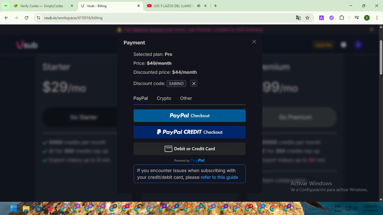 Vsub discount code screenshot showing code SABINO applied at Vsub checkout page. Uploaded by SimplyCodes community member BargainGuardian5495 on May 13, 2025