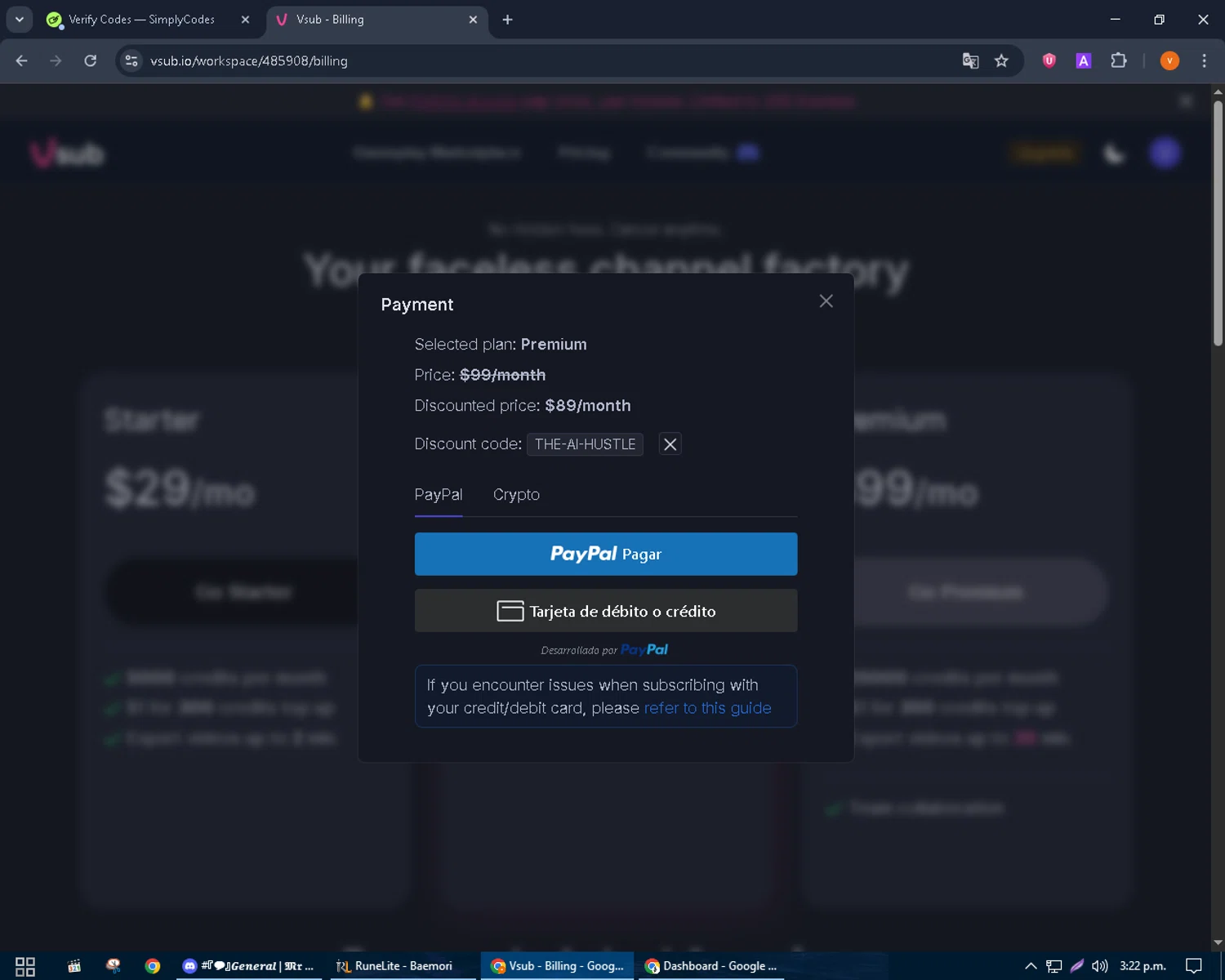 Vsub discount code screenshot showing code THE-AI-HUSTLE applied at Vsub checkout page. Uploaded by SimplyCodes community member bulbasaur69 on Sep 28, 2025
