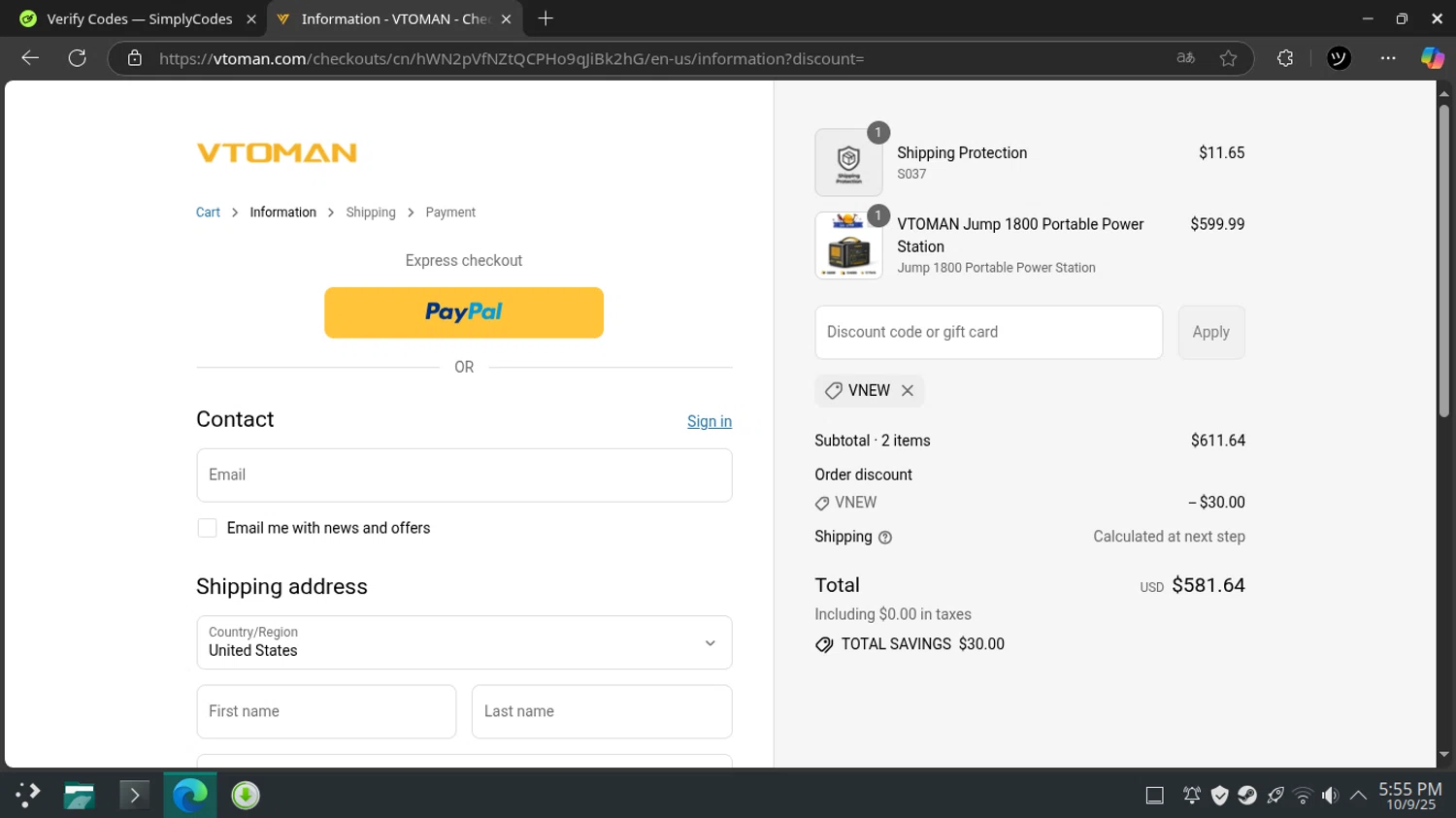 VTOMAN discount code screenshot showing code vnew applied at VTOMAN checkout page. Uploaded by SimplyCodes community member DanielP on Sep 10, 2025