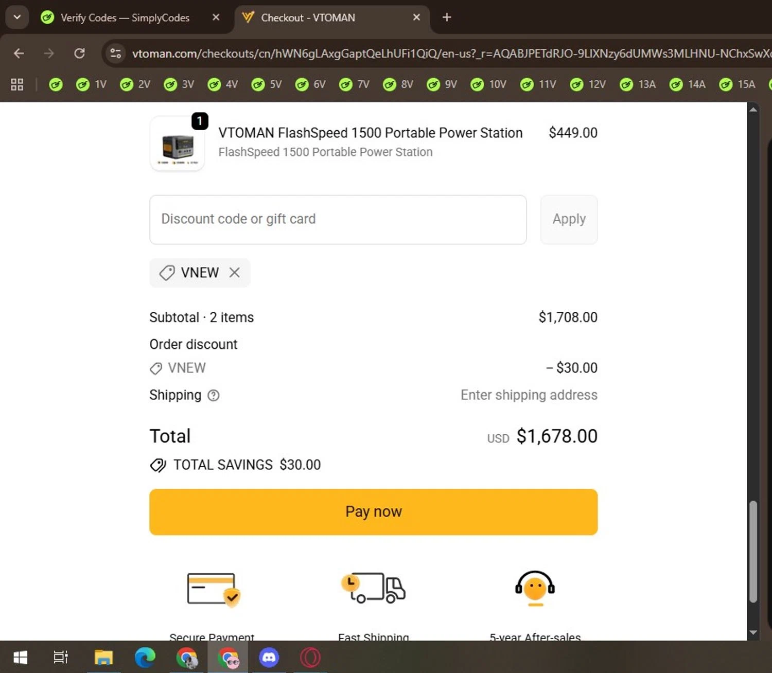 VTOMAN discount code screenshot showing code vnew applied at VTOMAN checkout page. Uploaded by SimplyCodes community member Locura on Dec 21, 2025