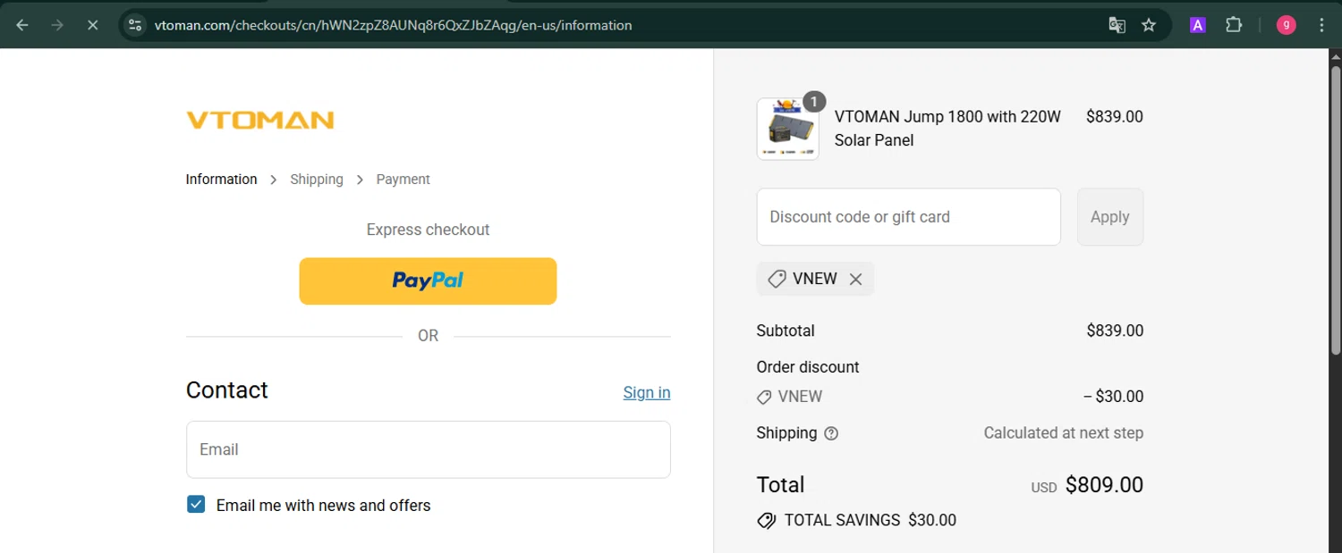 VTOMAN discount code screenshot showing code vnew applied at VTOMAN checkout page. Uploaded by SimplyCodes community member MoneyFalcon481 on Sep 15, 2025