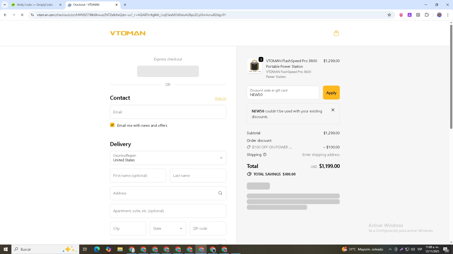 VTOMAN discount code screenshot showing code NEW50 applied at VTOMAN checkout page. Uploaded by SimplyCodes community member Papotico on Nov 12, 2025