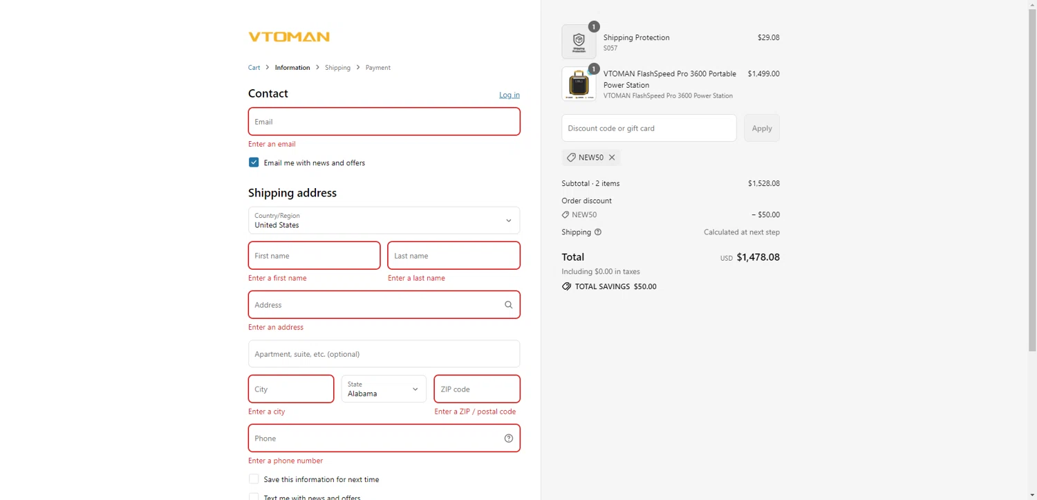 VTOMAN discount code screenshot showing code NEW50 applied at VTOMAN checkout page. Uploaded by SimplyCodes community member RewardTitan728 on Jul 22, 2025