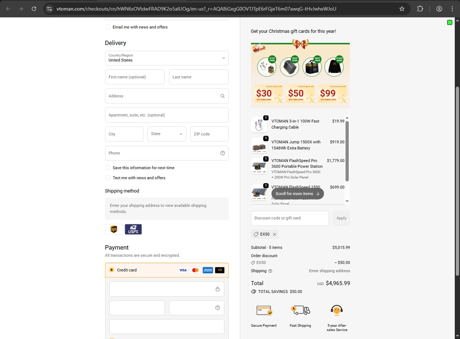 VTOMAN discount code screenshot showing code EX50 applied at VTOMAN checkout page. Uploaded by SimplyCodes community member nikelson on Dec 26, 2025