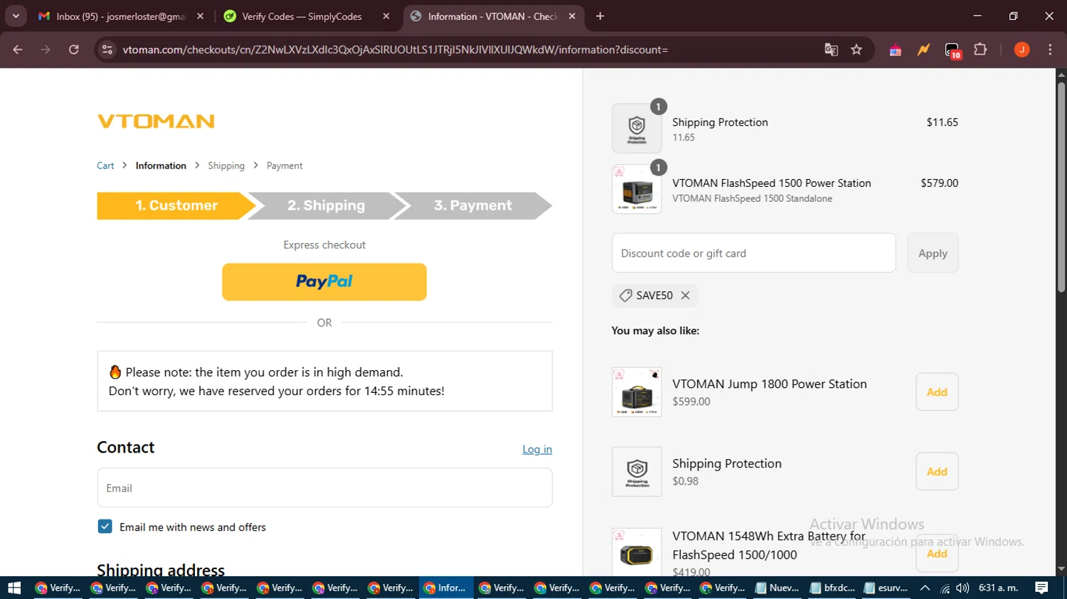 VTOMAN discount code screenshot showing code SAVE50 applied at VTOMAN checkout page. Uploaded by SimplyCodes community member NobleAce2304 on May 9, 2025