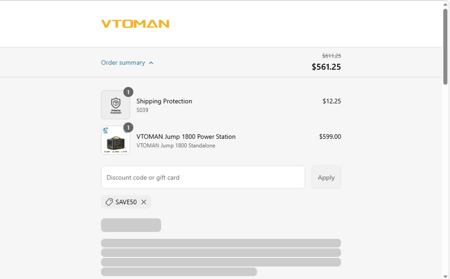 VTOMAN discount code screenshot showing code SAVE50 applied at VTOMAN checkout page. Uploaded by SimplyCodes community member luislopez669902715 on Jun 17, 2025