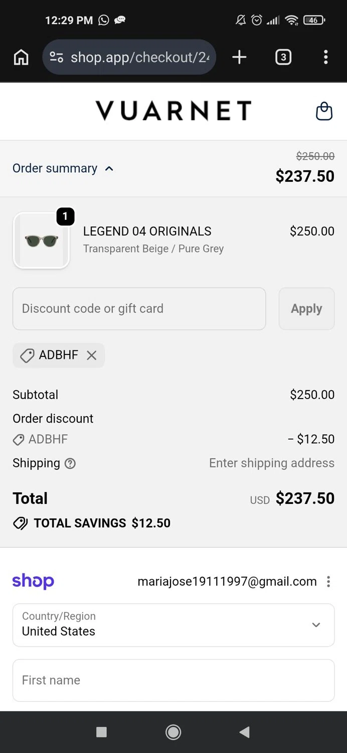 Vuarnet promo code screenshot showing code ADBHf applied at Vuarnet checkout page. Uploaded by SimplyCodes community member Mujerdejunnior on Jun 19, 2026