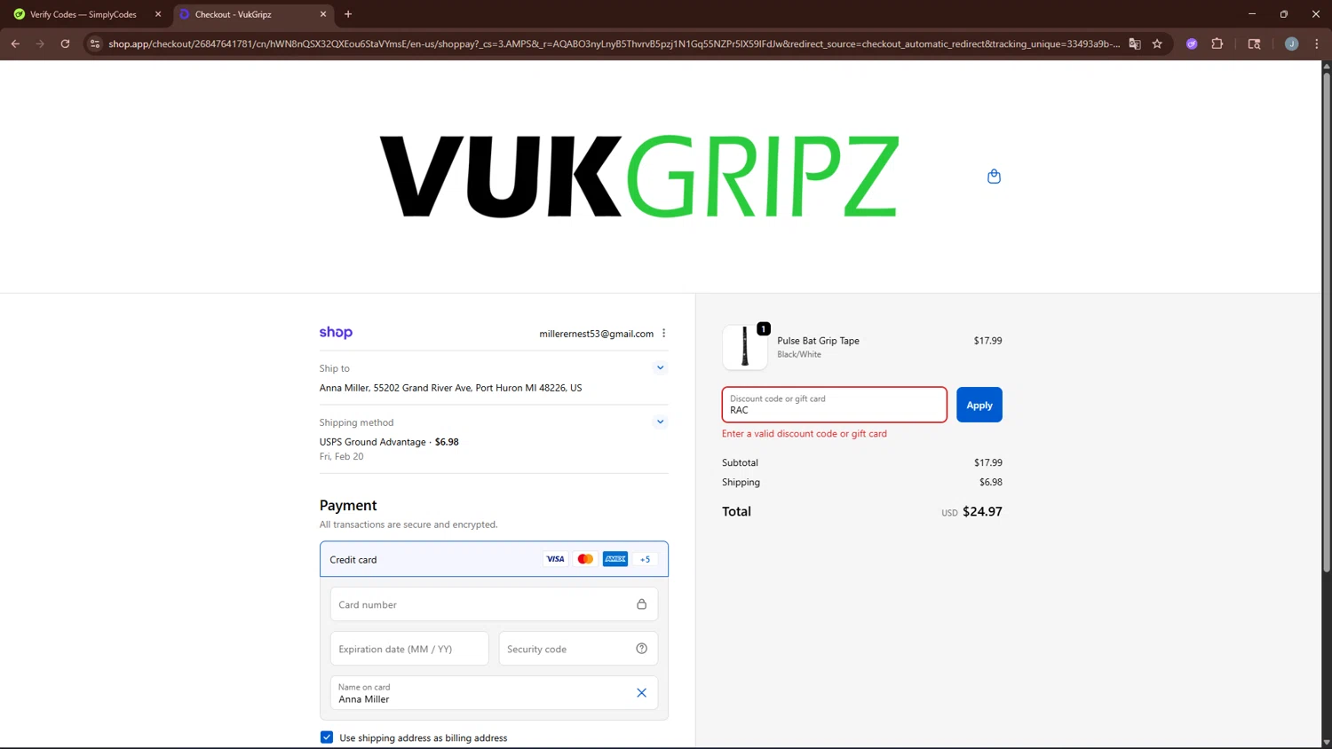 Vukgripz discount code screenshot showing code RAC applied at Vukgripz checkout page. Uploaded by SimplyCodes community member BonusGuardian249 on Feb 15, 2026