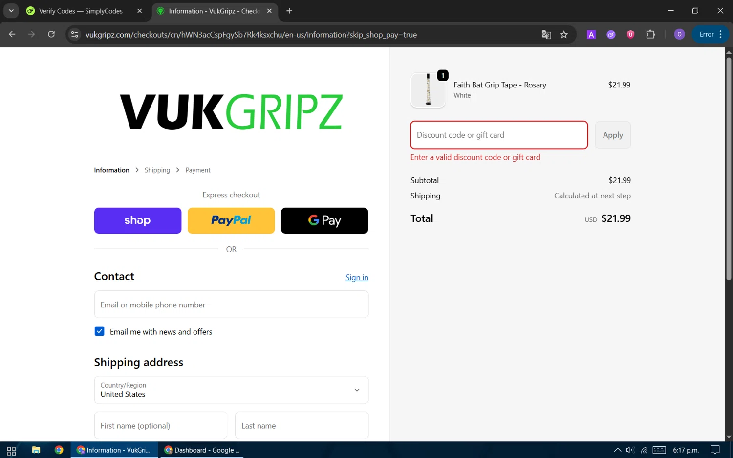 Vukgripz discount code screenshot showing code RyderCup25 applied at Vukgripz checkout page. Uploaded by SimplyCodes community member BudgetHawk9503 on Sep 30, 2025