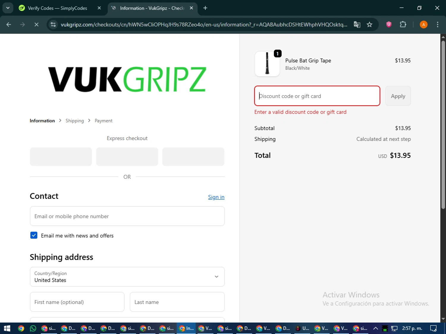 Vukgripz discount code screenshot showing code BONUS10 applied at Vukgripz checkout page. Uploaded by SimplyCodes community member MoneyPhoenix4664 on Dec 1, 2025