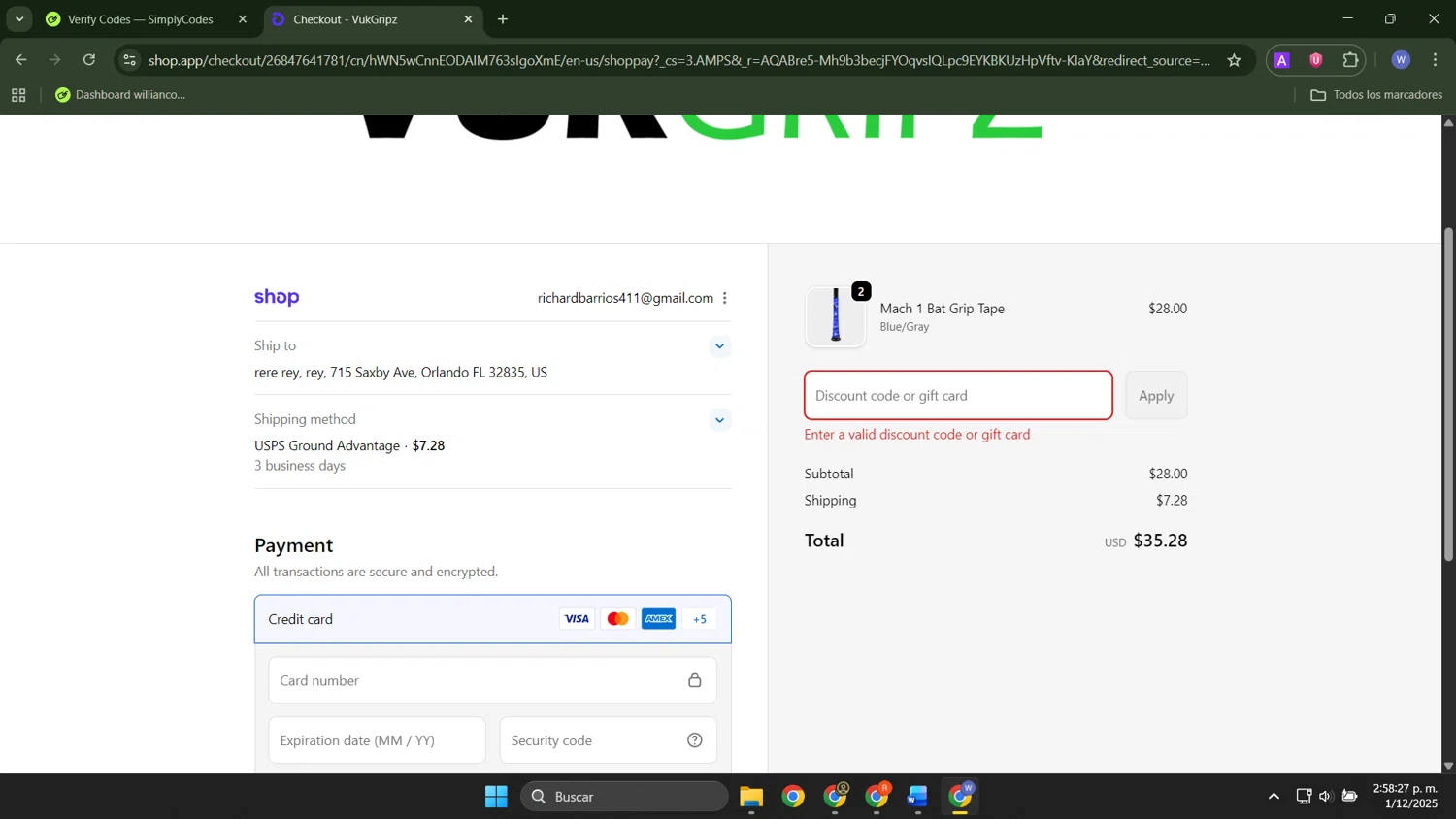 Vukgripz discount code screenshot showing code BONUS10 applied at Vukgripz checkout page. Uploaded by SimplyCodes community member ThriftyTracker446 on Dec 1, 2025