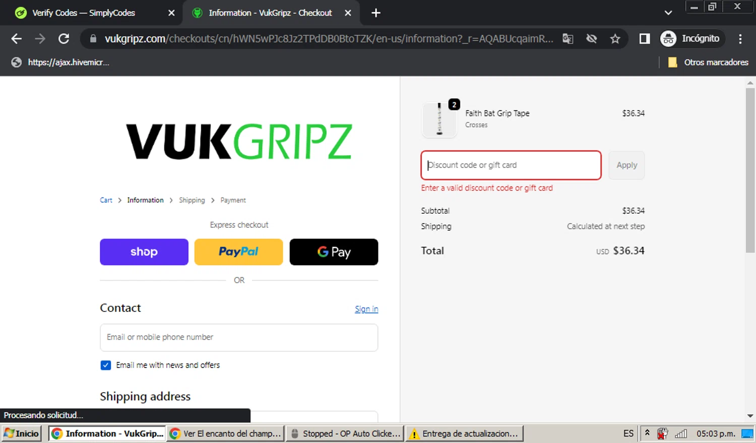 Vukgripz discount code screenshot showing code BONUS10 applied at Vukgripz checkout page. Uploaded by SimplyCodes community member hectordiaz on Dec 1, 2025