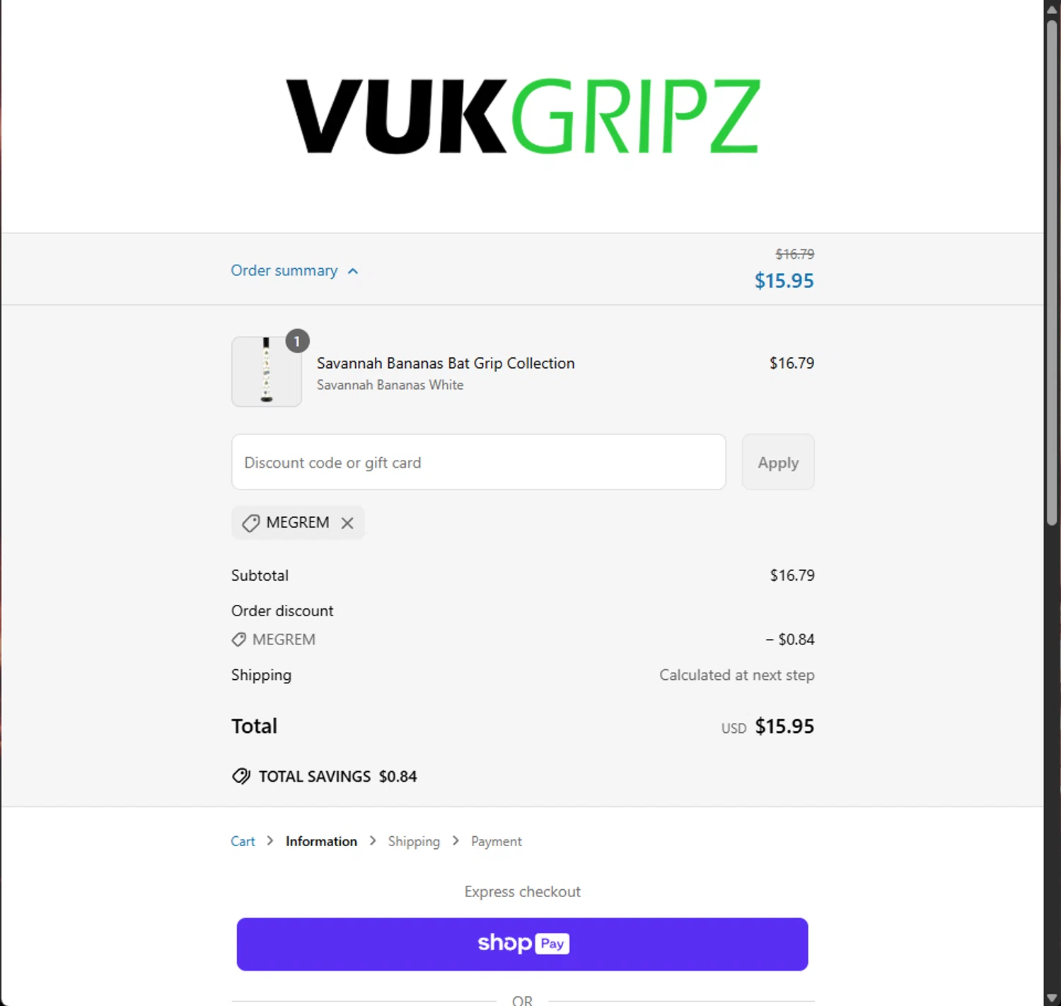 Vukgripz discount code screenshot showing code megrem applied at Vukgripz checkout page. Uploaded by SimplyCodes community member PillarsofCreation on Apr 10, 2025