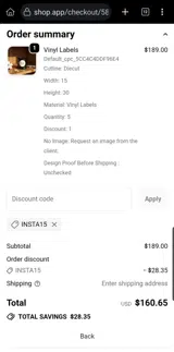 INSTA15 coupon verification screenshot