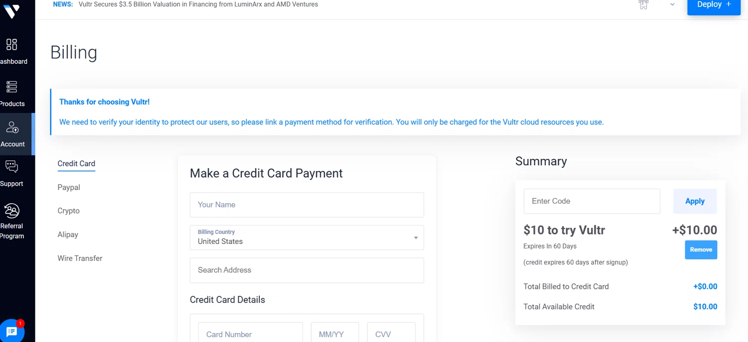Vultr checkout page showing Vultr promo code box | Screenshot taken by SimplyCodes community member on Mar 17, 2025