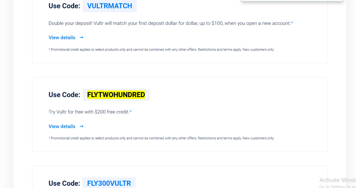 Vultr promo code screenshot showing code FLYTWOHUNDRED applied at Vultr checkout page. Uploaded by SimplyCodes community member Lioniel on Dec 16, 2025