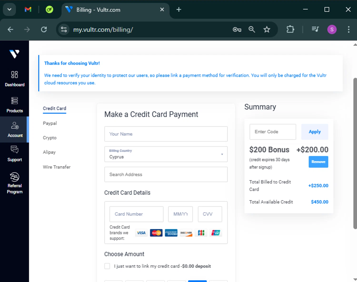 Vultr checkout page showing Vultr promo code box | Screenshot taken by SimplyCodes community member on Mar 18, 2025