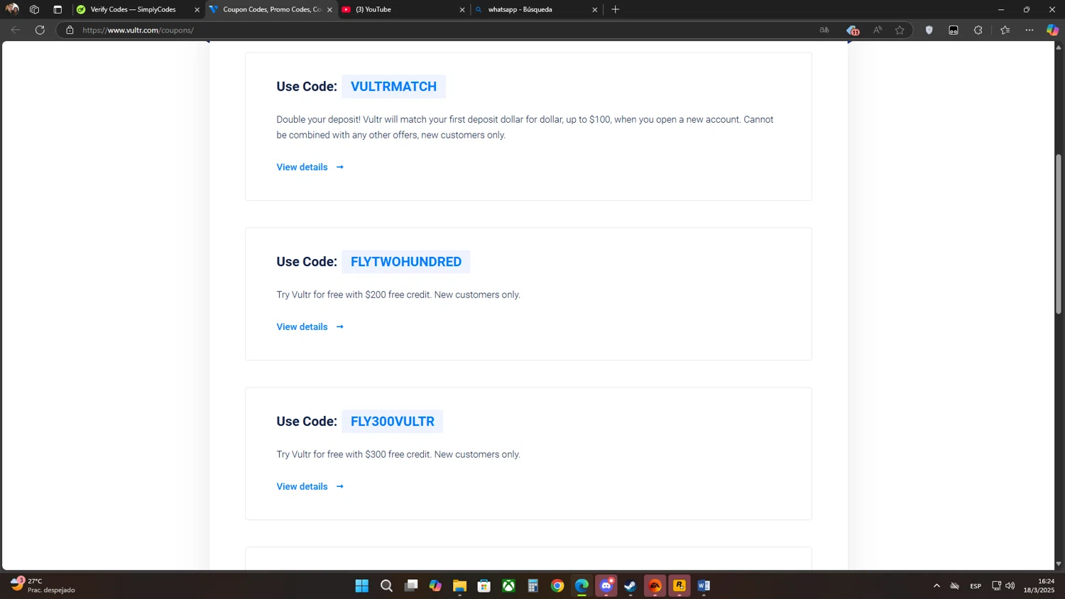 Vultr promo code screenshot showing code FLY300VULTR applied at Vultr checkout page. Uploaded by SimplyCodes community member Flores on Mar 18, 2025
