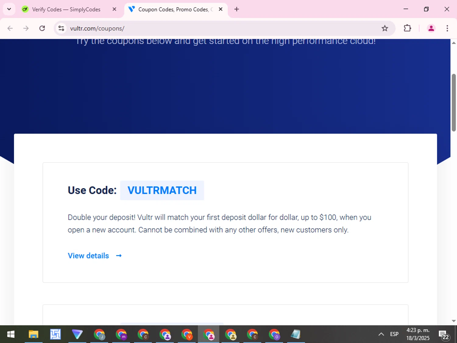Vultr promo code screenshot showing code FLY300VULTR applied at Vultr checkout page. Uploaded by SimplyCodes community member QuestCurator1644 on Mar 18, 2025