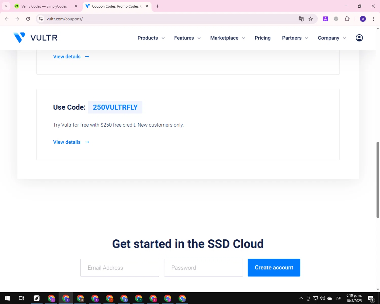 Vultr promo code screenshot showing code 250VULTRFLY applied at Vultr checkout page. Uploaded by SimplyCodes community member CleverShopper625 on Mar 18, 2025