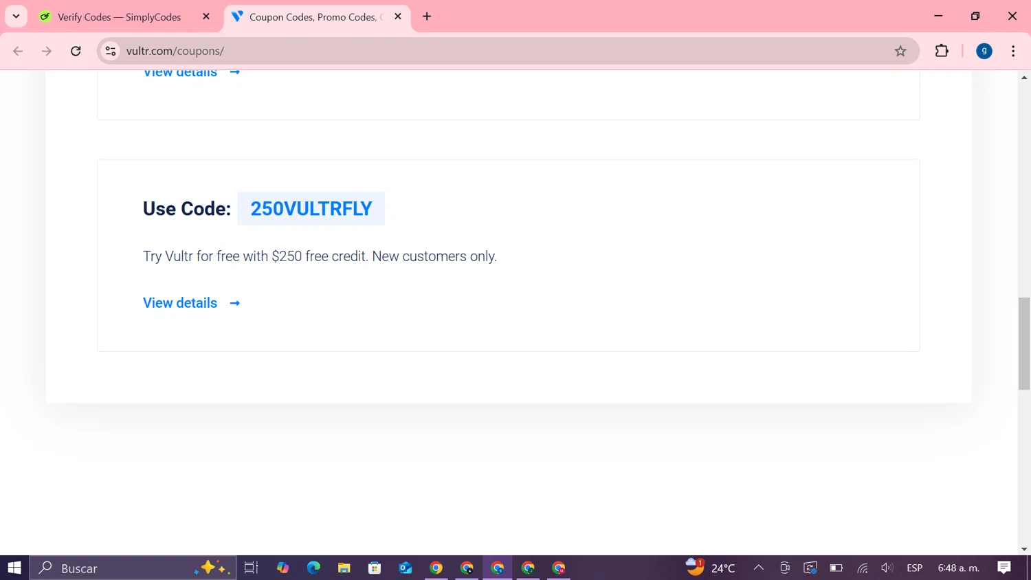 Vultr promo code screenshot showing code 250VULTRFLY applied at Vultr checkout page. Uploaded by SimplyCodes community member MoneyTiger7289 on Mar 3, 2025