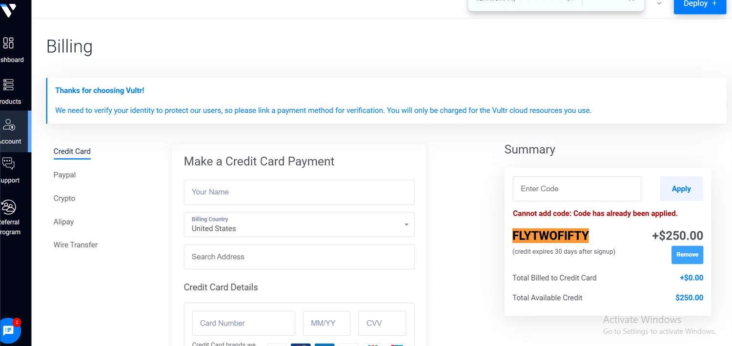 Vultr promo code screenshot showing code FLYTWOFIFTY applied at Vultr checkout page. Uploaded by SimplyCodes community member Lioniel on Dec 30, 2025