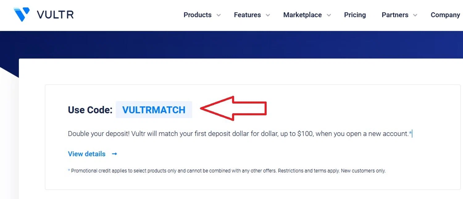 Vultr promo code screenshot showing code VULTRMATCH applied at Vultr checkout page. Uploaded by SimplyCodes community member SalesTime on Jul 12, 2025