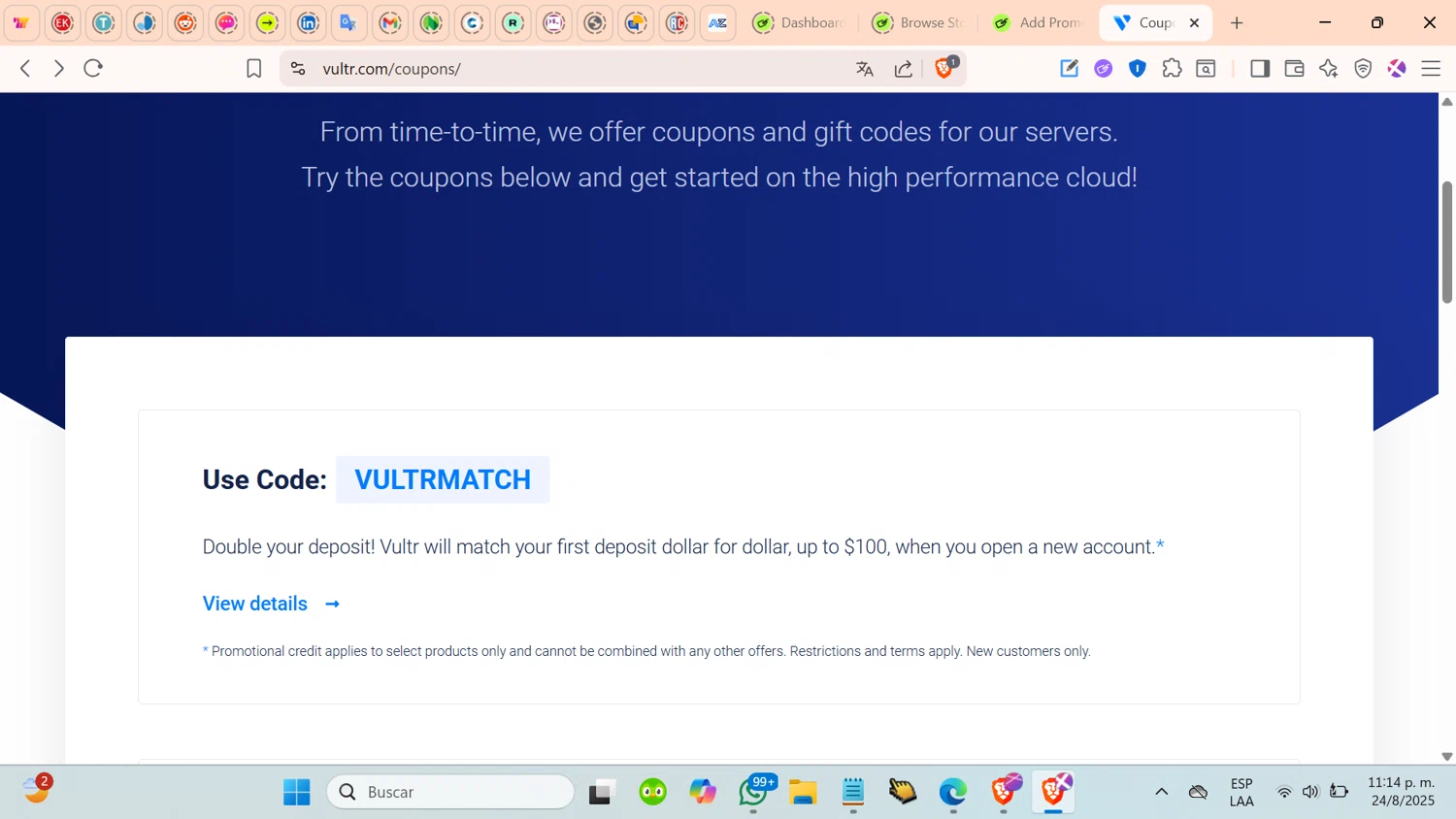Vultr promo code screenshot showing code VULTRMATCH applied at Vultr checkout page. Uploaded by SimplyCodes community member cosita on Aug 25, 2025