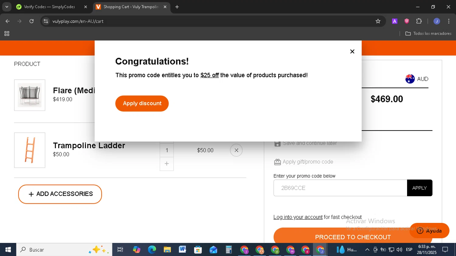 Vuly Play US promo code screenshot showing code 2B69CCE applied at Vuly Play US checkout page. Uploaded by SimplyCodes community member EpicSage3474 on Nov 28, 2025