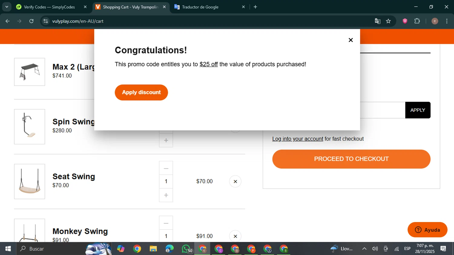 Vuly Play US promo code screenshot showing code 2B69CCE applied at Vuly Play US checkout page. Uploaded by SimplyCodes community member NobleExpert6497 on Nov 28, 2025
