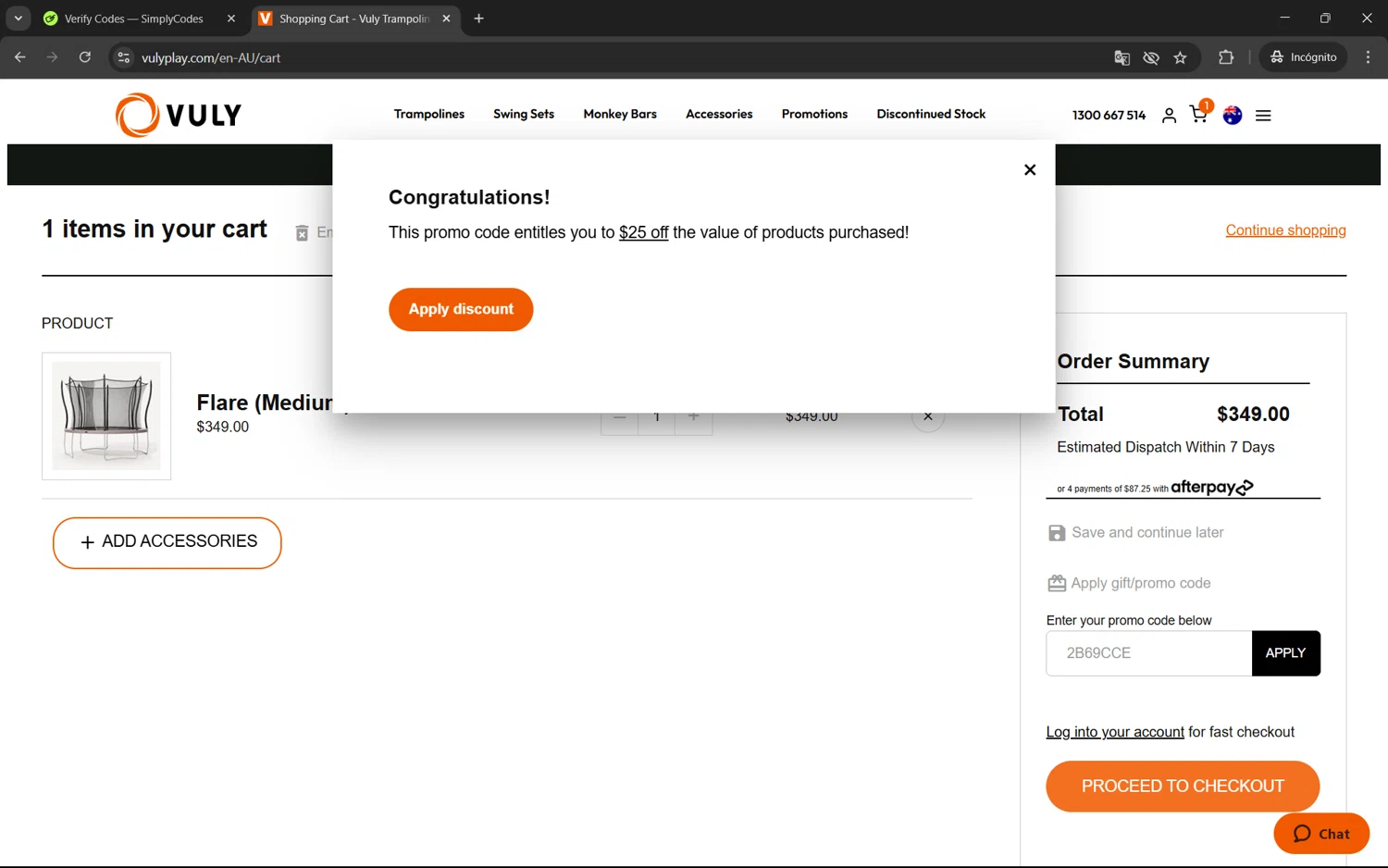 Vuly Play US promo code screenshot showing code 2B69CCE applied at Vuly Play US checkout page. Uploaded by SimplyCodes community member juan1702 on Jun 11, 2025