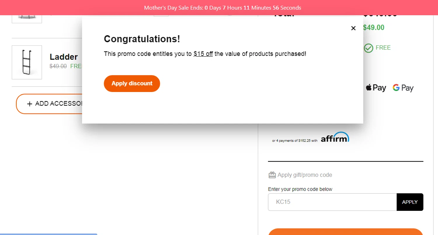 Vuly Play US promo code screenshot showing code KC15 applied at Vuly Play US checkout page. Uploaded by SimplyCodes community member Gonzalez010203 on May 13, 2025
