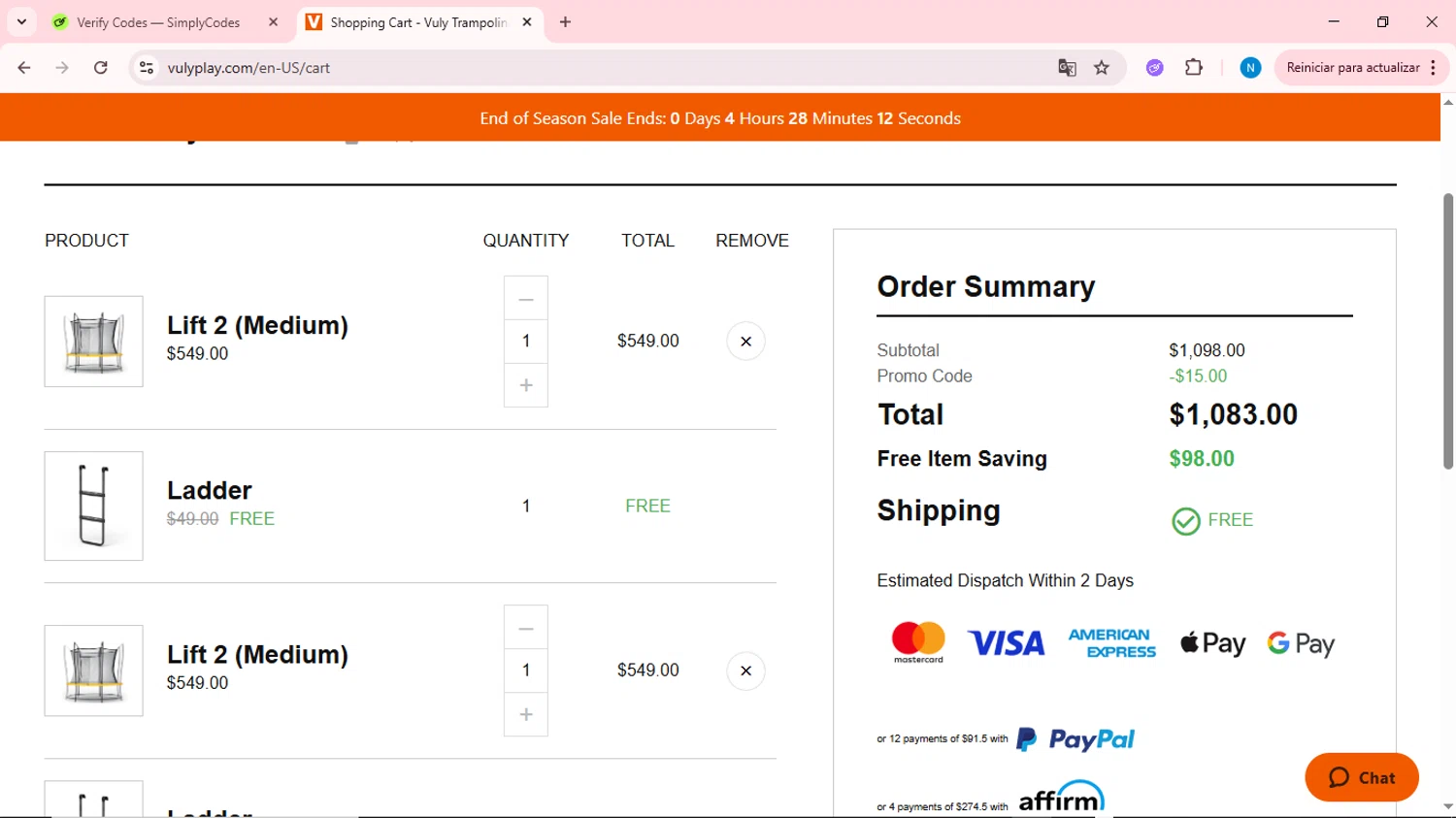 Vuly Play US promo code screenshot showing code KC15 applied at Vuly Play US checkout page. Uploaded by SimplyCodes community member QuestOwl6398 on Jun 11, 2025